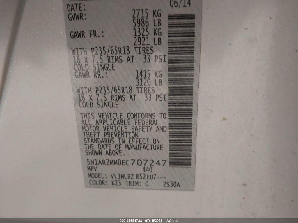 5N1AR2MM0EC707247 2014 NISSAN PATHFINDER photo no. 9