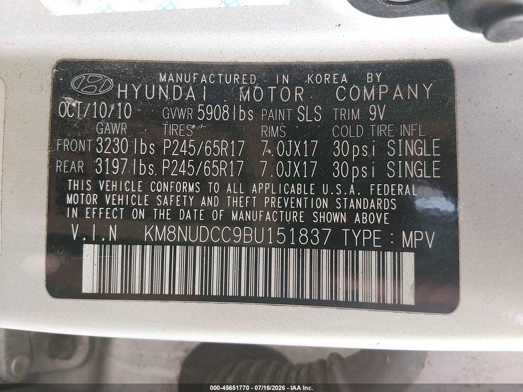KM8NUDCC9BU151837 2011 HYUNDAI VERACRUZ photo no. 9