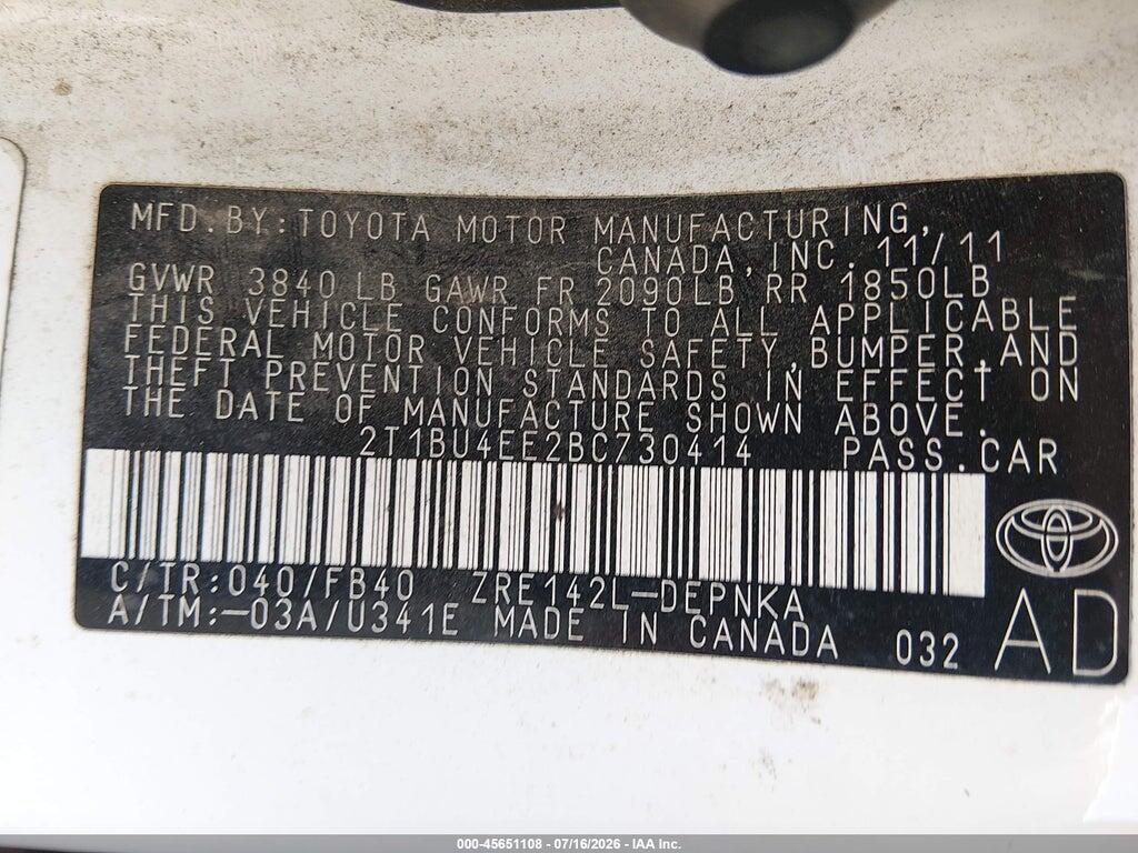 2T1BU4EE2BC730414 2011 TOYOTA COROLLA photo no. 9