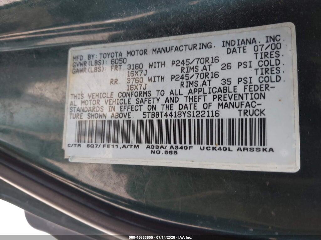 5TBBT4418YS122116 2000 TOYOTA TUNDRA photo no. 9