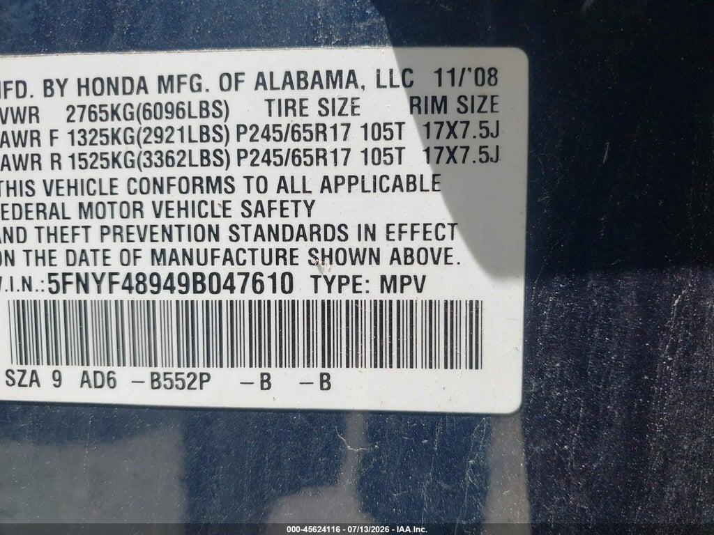 5FNYF48949B047610 2009 HONDA PILOT photo no. 9