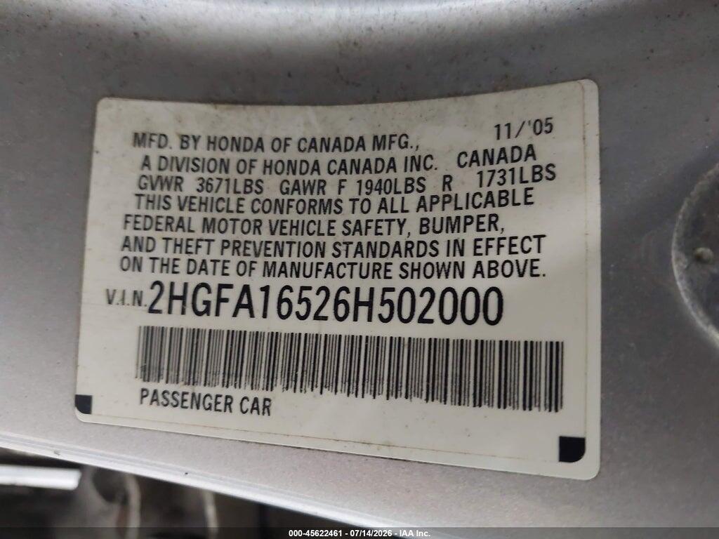 2HGFA16526H502000 2006 HONDA CIVIC photo no. 9