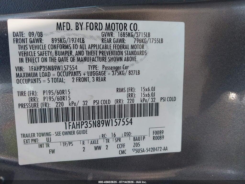 1FAHP35N89W157554 2009 FORD FOCUS photo no. 9