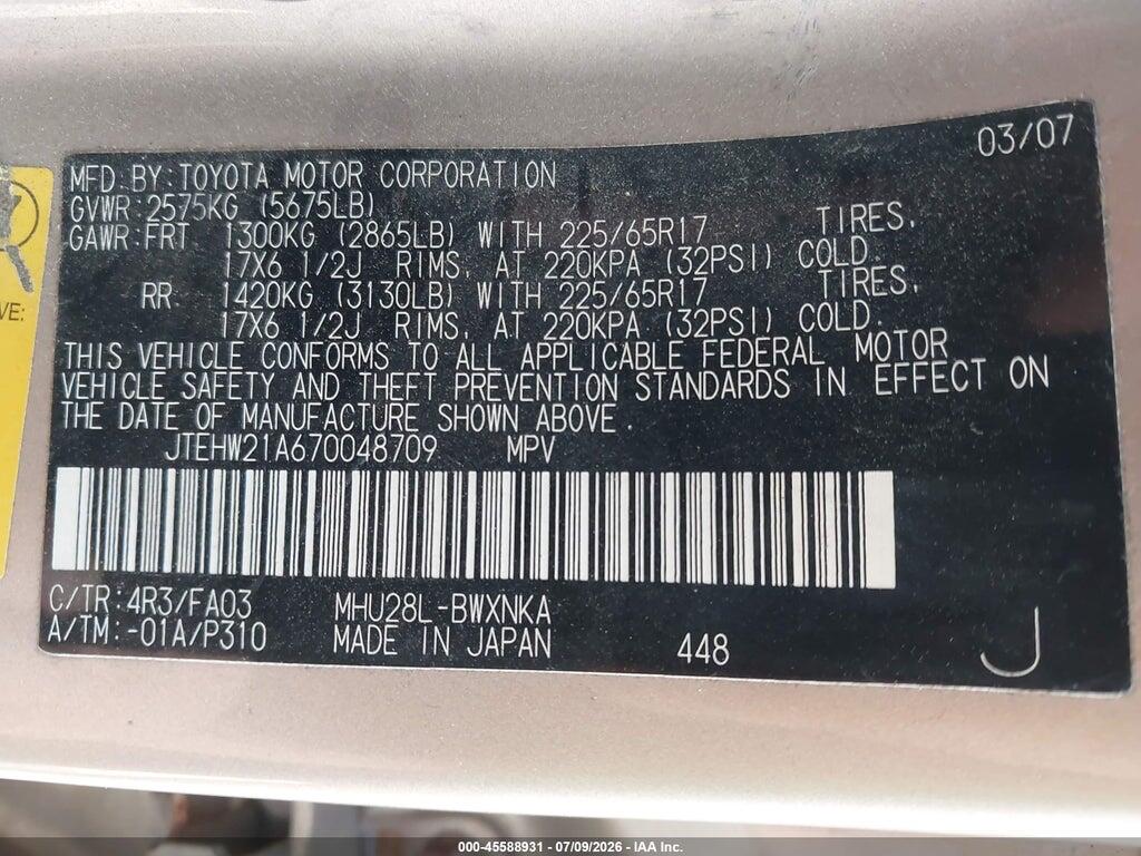 JTEHW21A670048709 2007 TOYOTA HIGHLANDER HYBRID photo no. 9