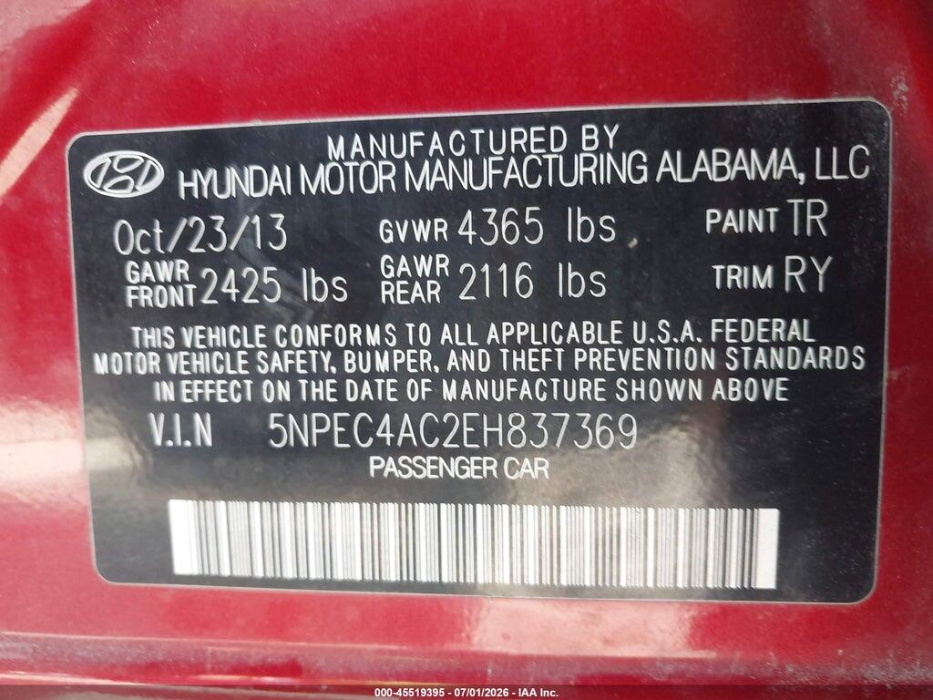 5NPEC4AC2EH837369 2014 HYUNDAI SONATA photo no. 9