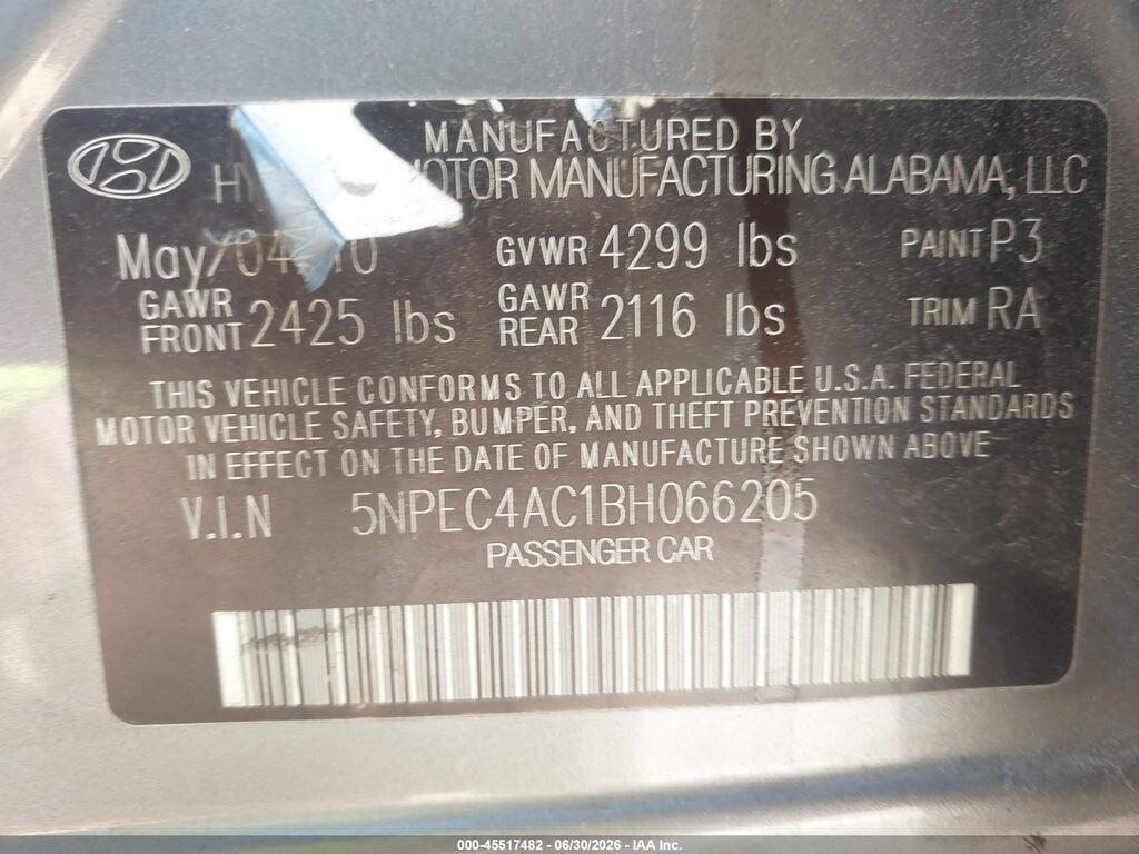 5NPEC4AC1BH066205 2011 HYUNDAI SONATA photo no. 9