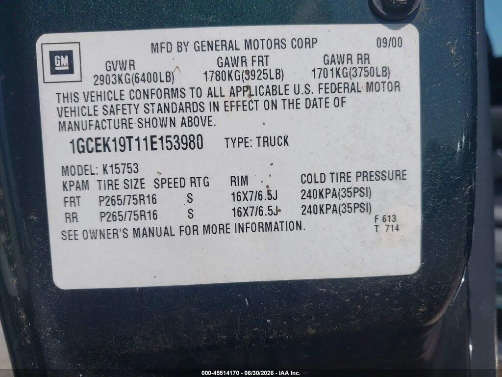 1GCEK19T11E153980 2001 CHEVROLET SILVERADO 1500 photo no. 9