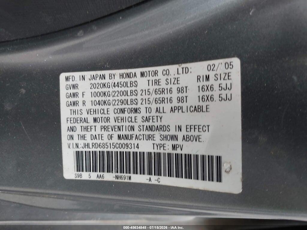 JHLRD68515C009314 2005 HONDA CR-V photo no. 9