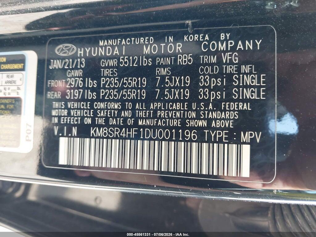KM8SR4HF1DU001196 2013 HYUNDAI SANTA FE photo no. 9
