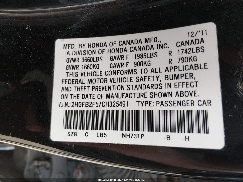 2HGFB2F57CH325491 2012 HONDA CIVIC photo no. 9