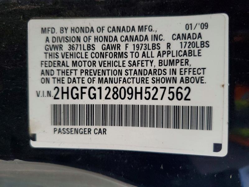 2HGFG12809H527562 2009 HONDA CIVIC photo no. 12
