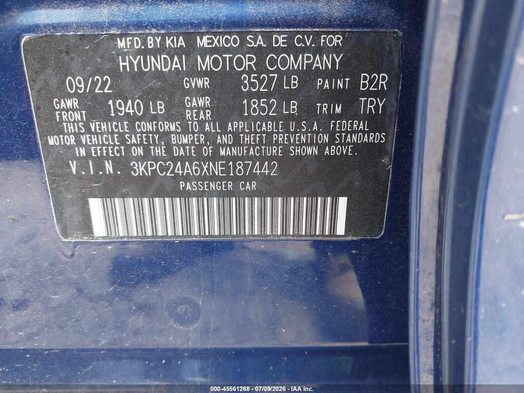3KPC24A6XNE187442 2022 HYUNDAI ACCENT photo no. 9