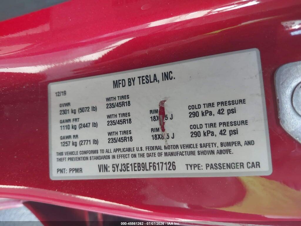 5YJ3E1EB9LF617126 2020 TESLA MODEL 3 photo no. 9