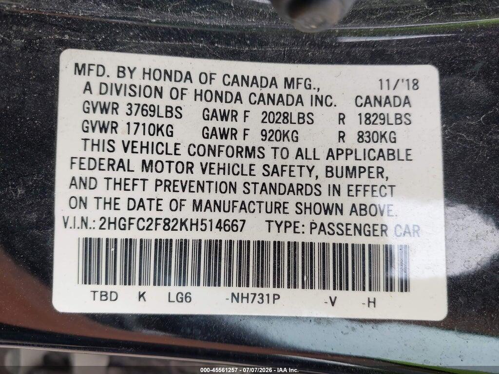 2HGFC2F82KH514667 2019 HONDA CIVIC photo no. 9