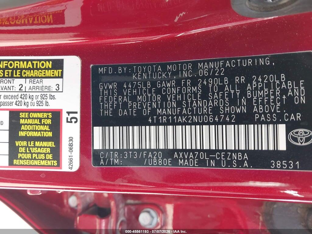 4T1R11AK2NU064742 2022 TOYOTA CAMRY photo no. 9