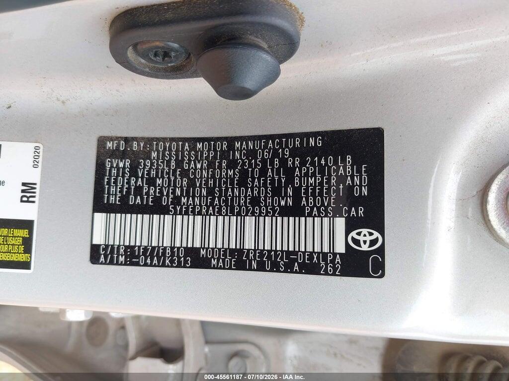 5YFEPRAE8LP029952 2020 TOYOTA COROLLA photo no. 9