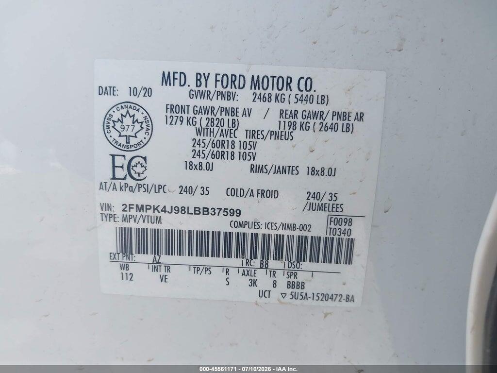 2FMPK4J98LBB37599 2020 FORD EDGE photo no. 9