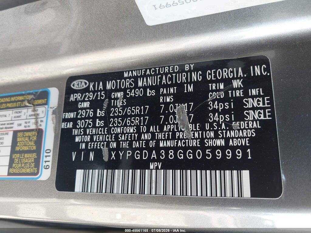5XYPGDA38GG059991 2016 KIA SORENTO photo no. 9