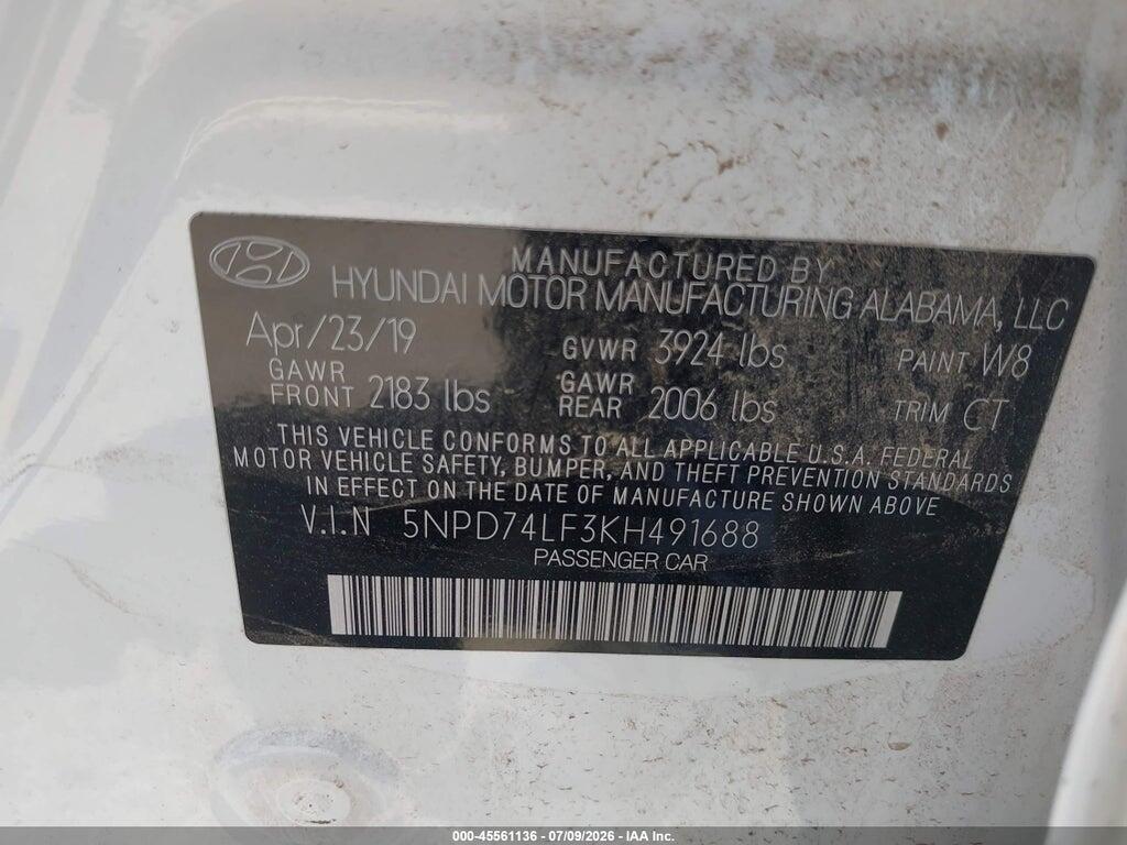 5NPD74LF3KH491688 2019 HYUNDAI ELANTRA photo no. 9