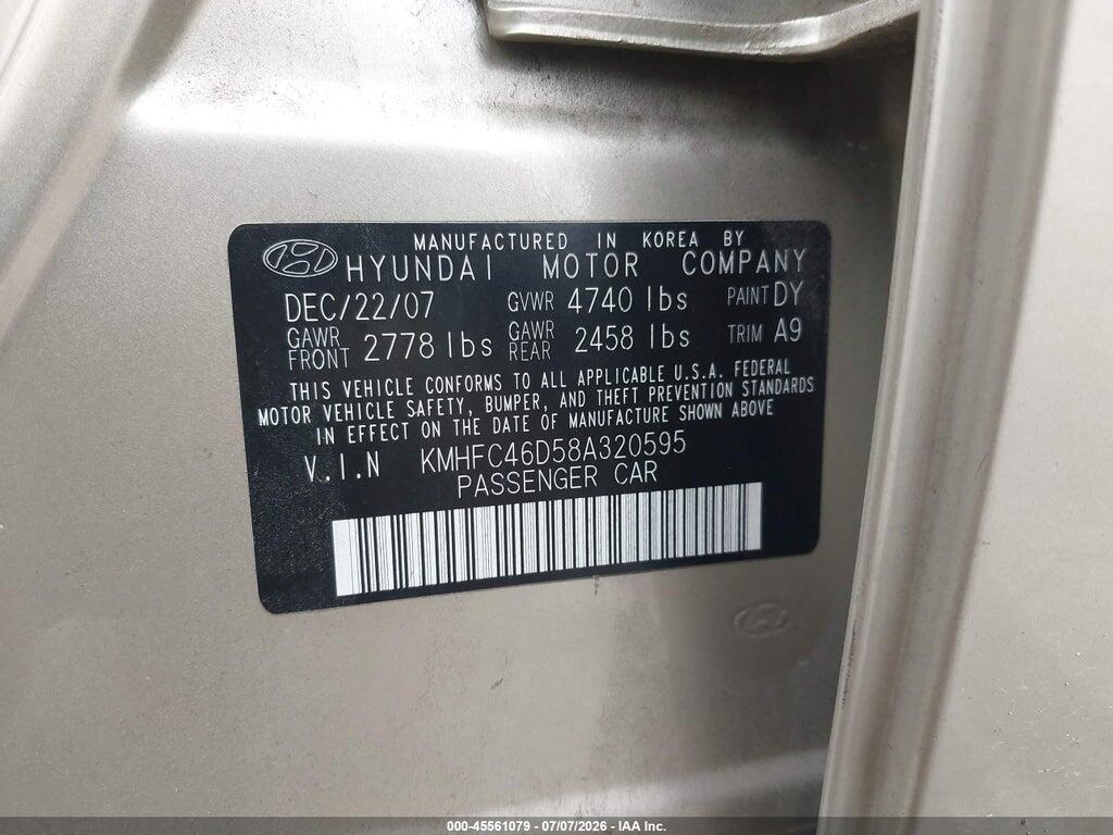 KMHFC46D58A320595 2008 HYUNDAI AZERA photo no. 9