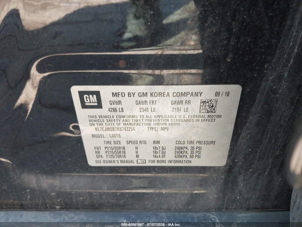 KL7CJMSB7KB742254 2019 CHEVROLET TRAX photo no. 9
