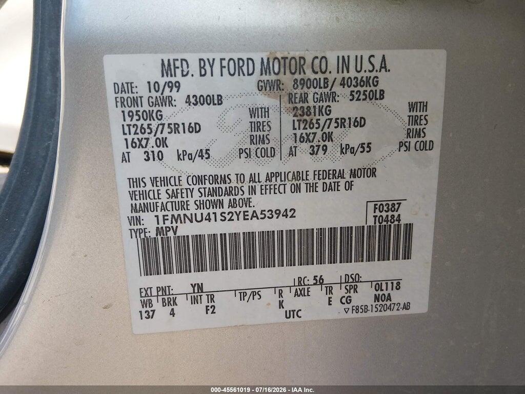 1FMNU41S2YEA53942 2000 FORD EXCURSION photo no. 9