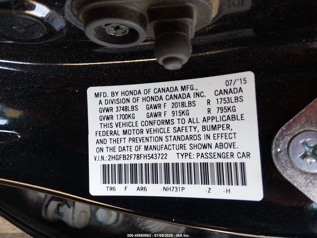2HGFB2F78FH543722 2015 HONDA CIVIC photo no. 9