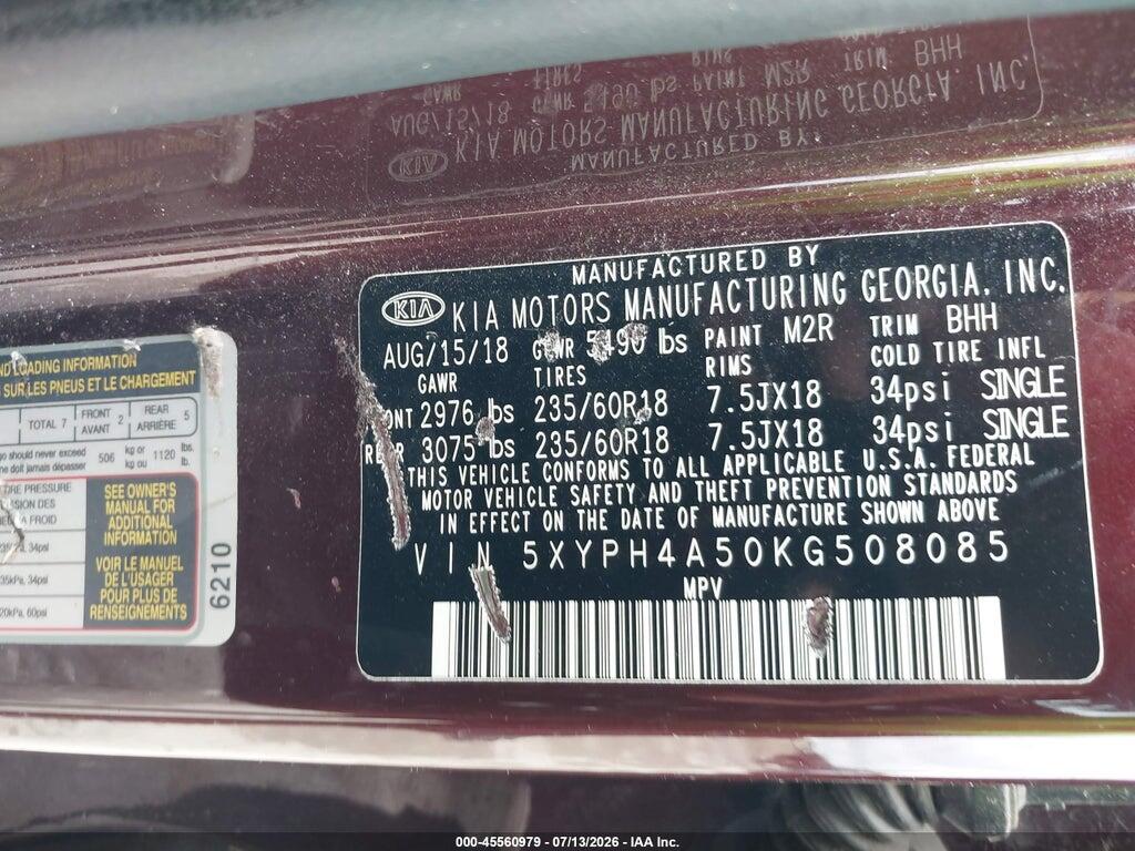 5XYPH4A50KG508085 2019 KIA SORENTO photo no. 9