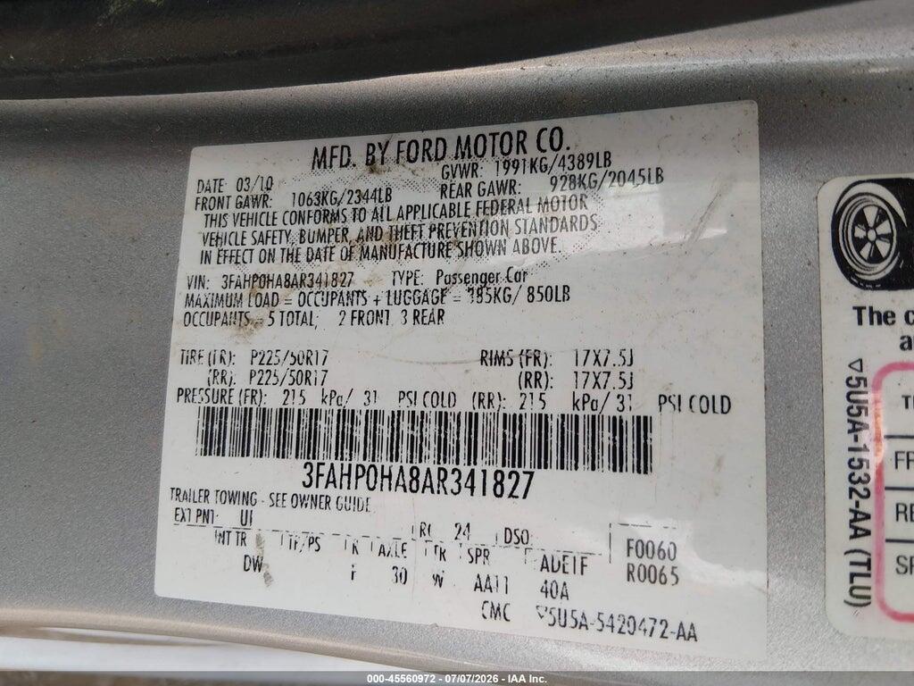 3FAHP0HA8AR341827 2010 FORD FUSION photo no. 9