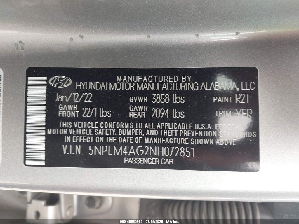 5NPLM4AG2NH072851 2022 HYUNDAI ELANTRA photo no. 9
