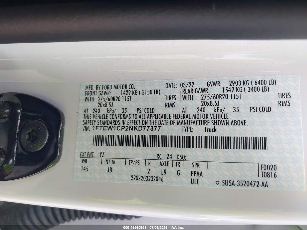 1FTEW1CP2NKD77377 2022 FORD F-150 photo no. 9