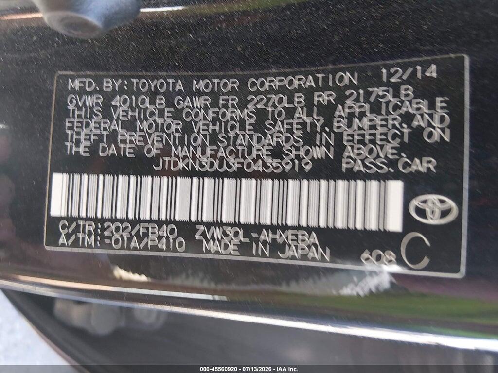 JTDKN3DU3F0435919 2015 TOYOTA PRIUS photo no. 9