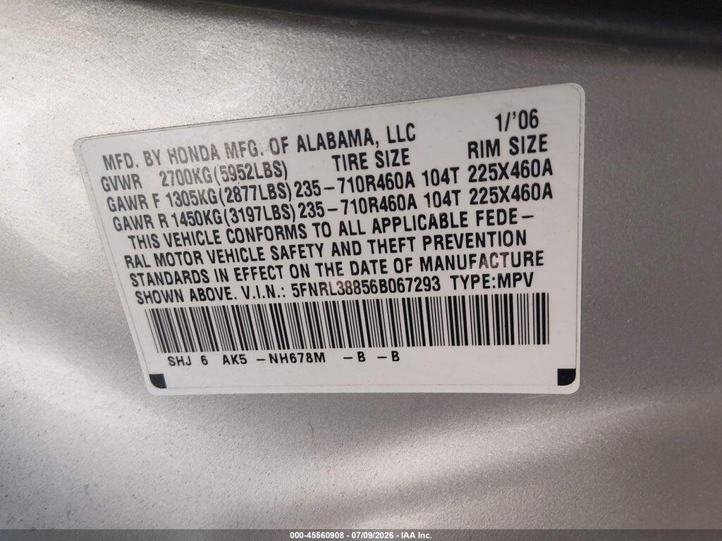 5FNRL38856B067293 2006 HONDA ODYSSEY photo no. 9