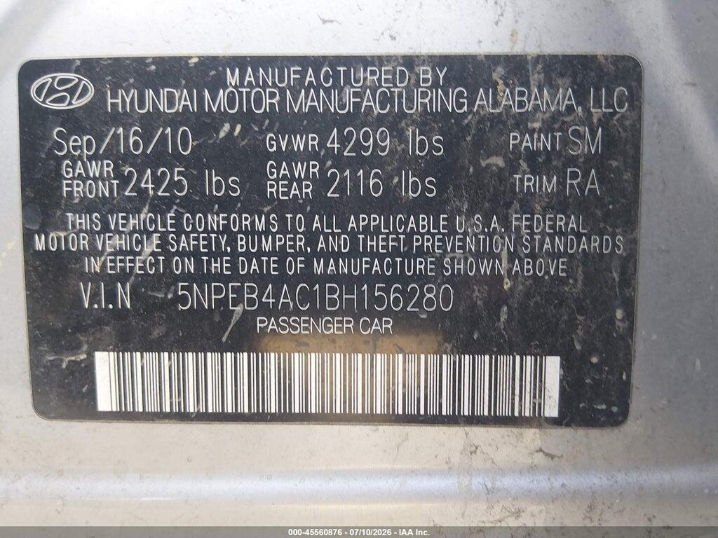 5NPEB4AC1BH156280 2011 HYUNDAI SONATA photo no. 9