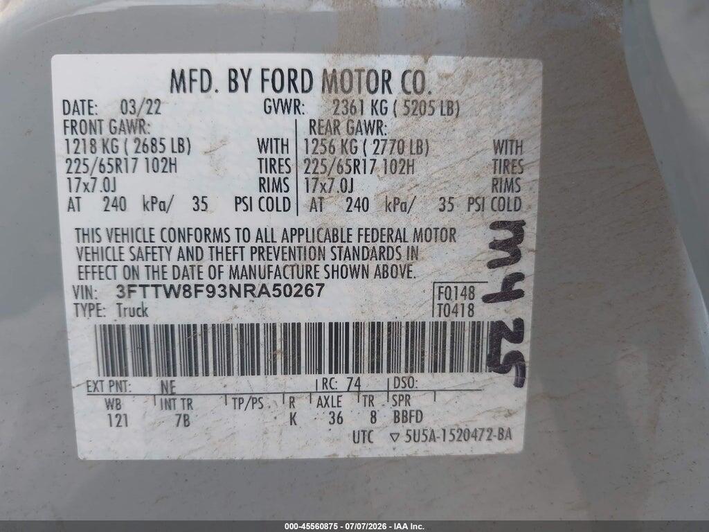 3FTTW8F93NRA50267 2022 FORD MAVERICK photo no. 9