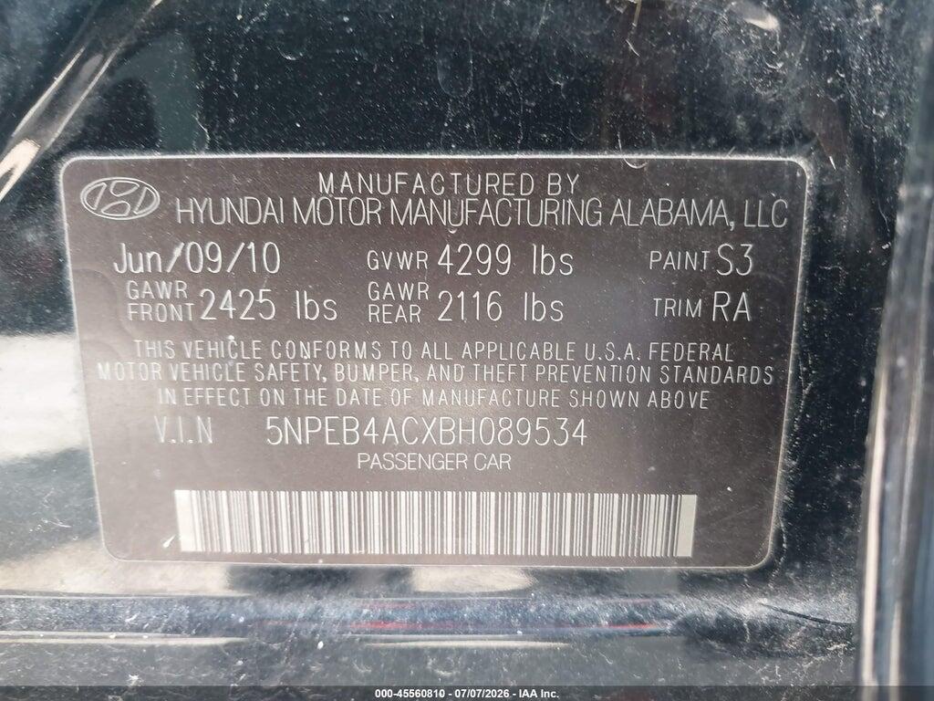 5NPEB4ACXBH089534 2011 HYUNDAI SONATA photo no. 9