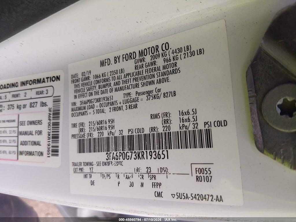 3FA6P0G73KR193651 2019 FORD FUSION photo no. 9