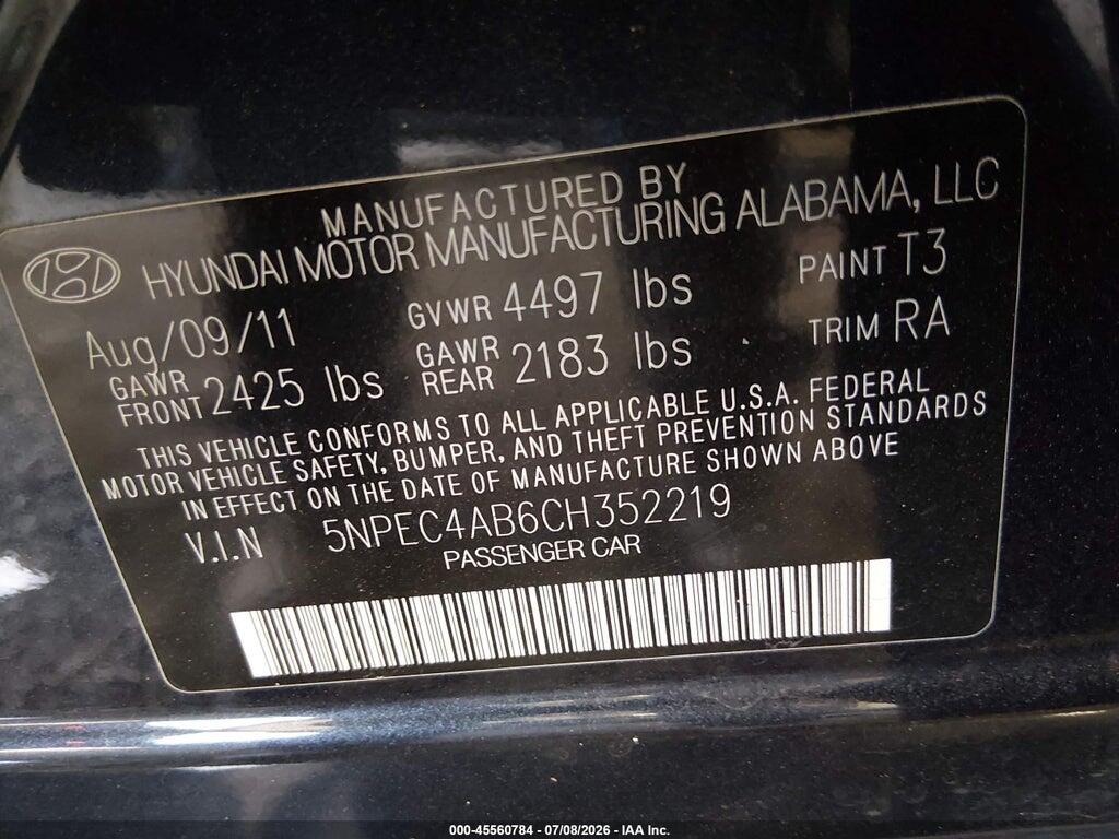 5NPEC4AB6CH352219 2012 HYUNDAI SONATA photo no. 9