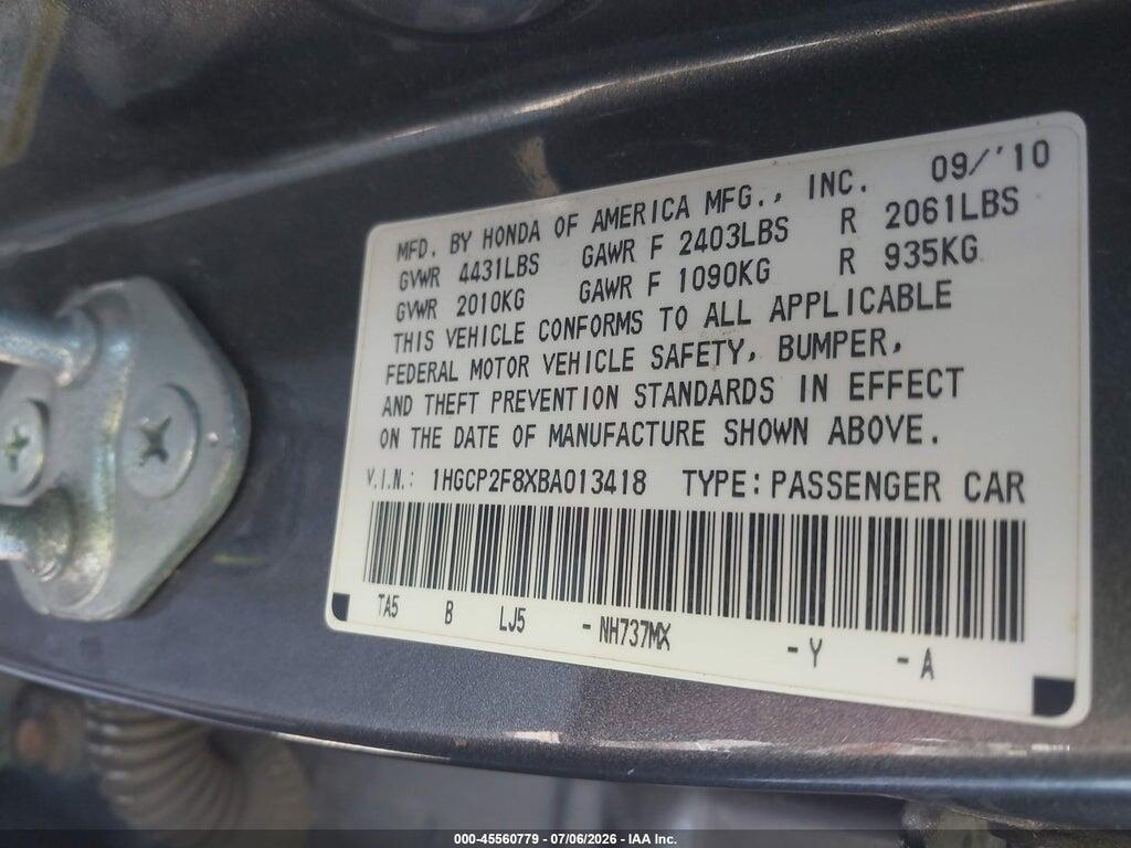 1HGCP2F8XBA013418 2011 HONDA ACCORD photo no. 9