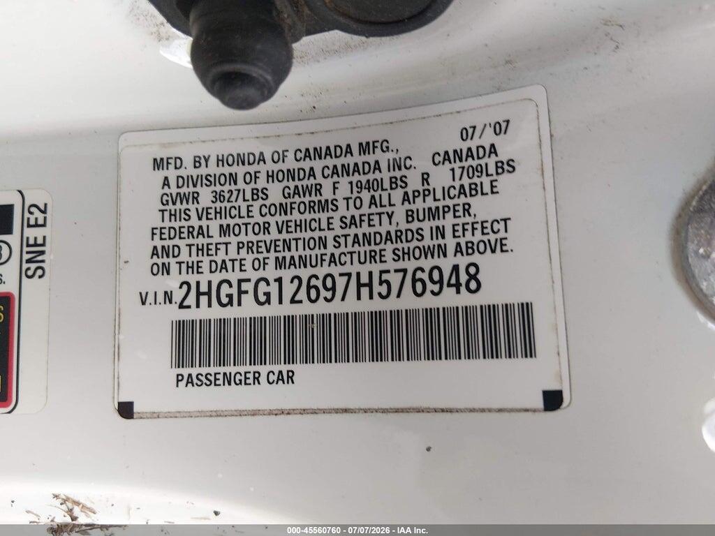 2HGFG12697H576948 2007 HONDA CIVIC photo no. 9