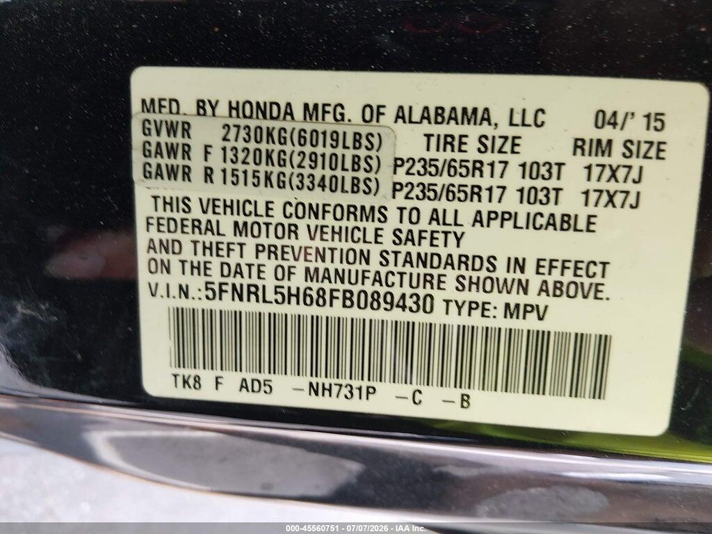 5FNRL5H68FB089430 2015 HONDA ODYSSEY photo no. 9