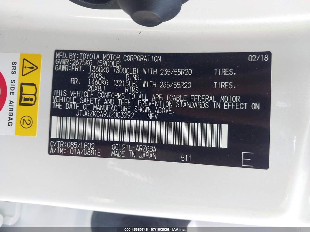 JTJGZKCA9J2003292 2018 LEXUS RX 350L photo no. 9