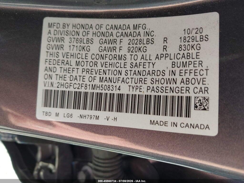 2HGFC2F81MH508314 2021 HONDA CIVIC photo no. 9