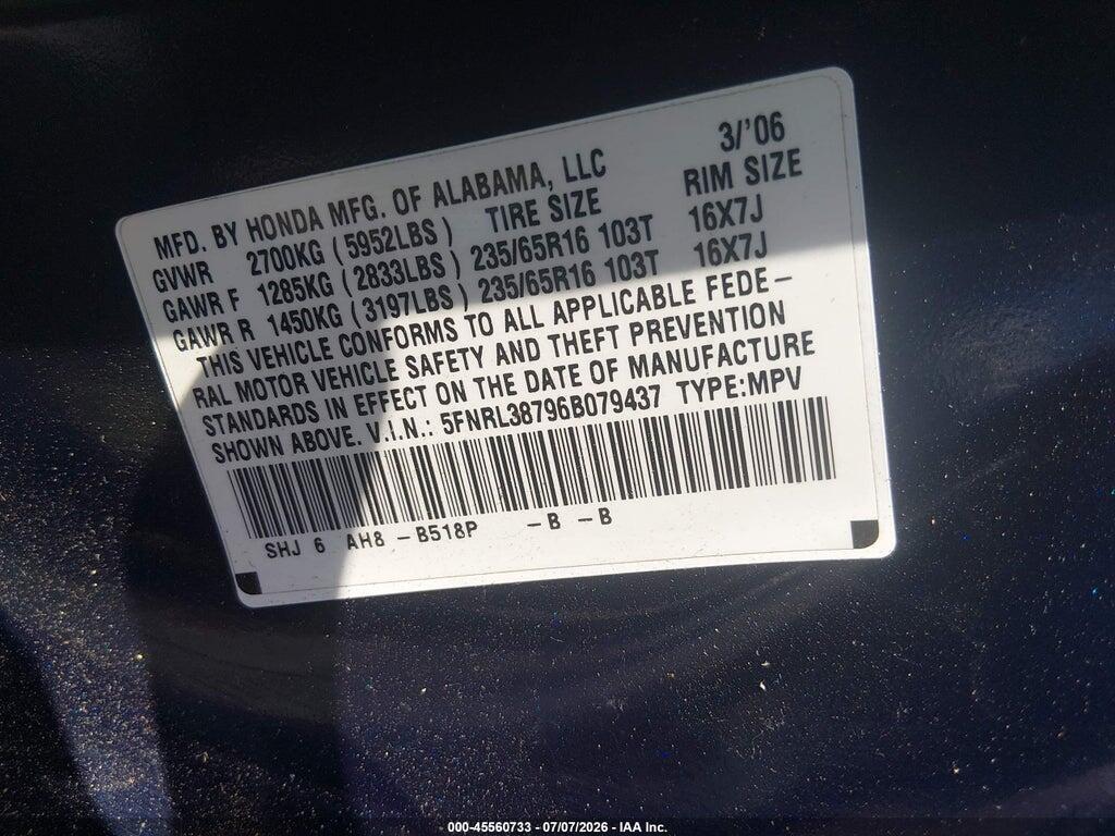 5FNRL38796B079437 2006 HONDA ODYSSEY photo no. 9