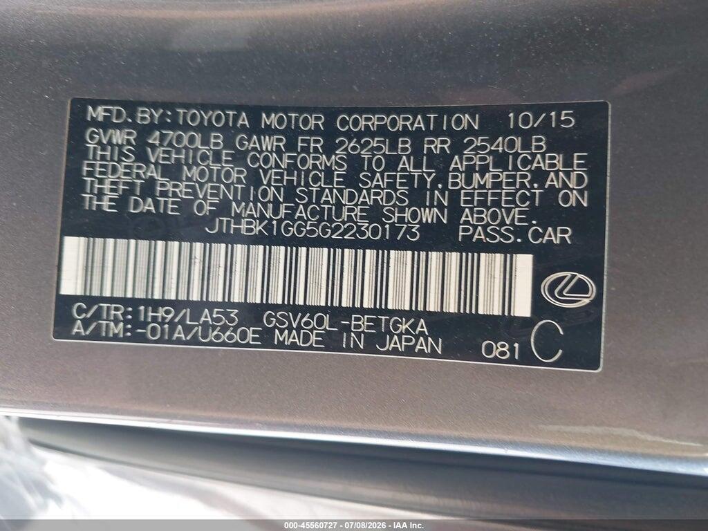 JTHBK1GG5G2230173 2016 LEXUS ES 350 photo no. 9
