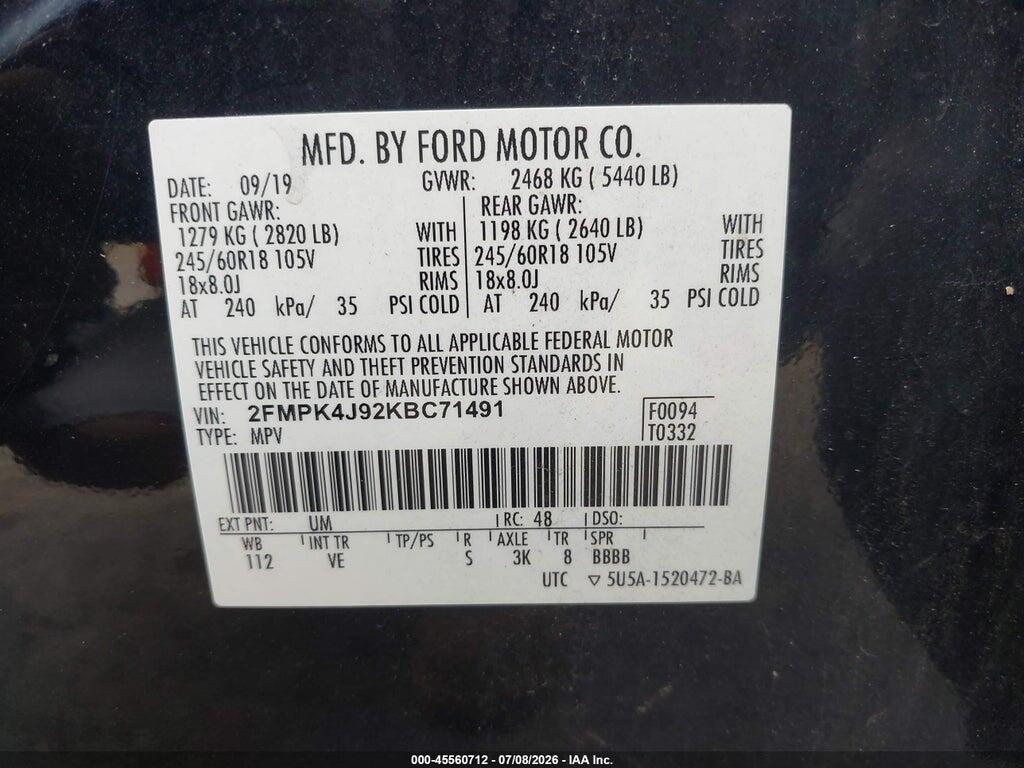 2FMPK4J92KBC71491 2019 FORD EDGE photo no. 9