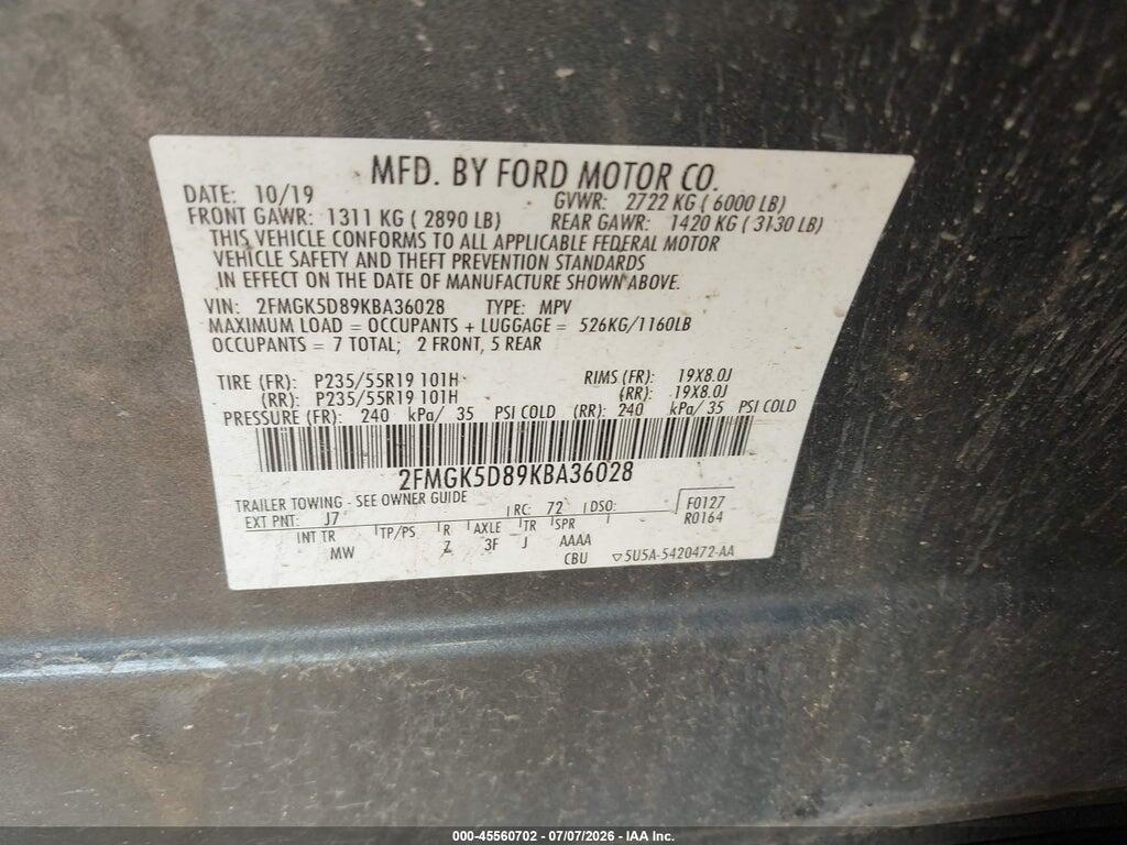 2FMGK5D89KBA36028 2019 FORD FLEX photo no. 9
