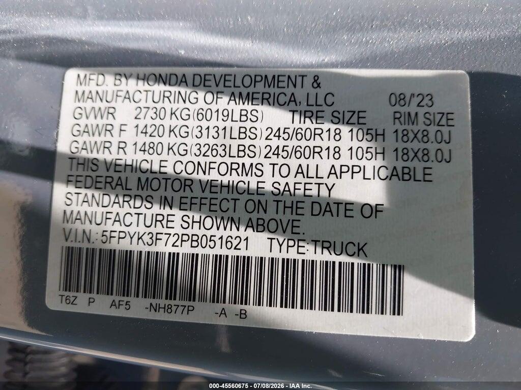 5FPYK3F72PB051621 2023 HONDA RIDGELINE photo no. 9