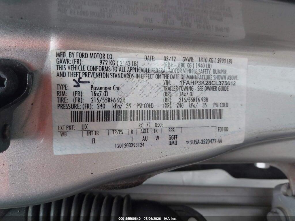 1FAHP3K28CL375612 2012 FORD FOCUS photo no. 9
