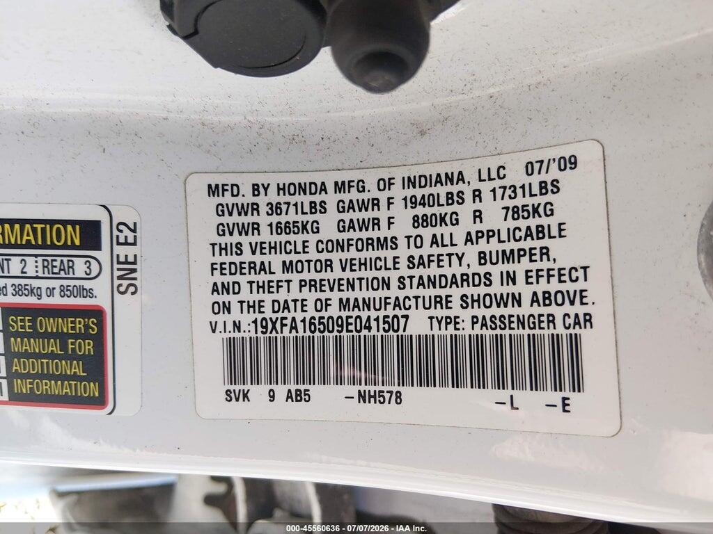 19XFA16509E041507 2009 HONDA CIVIC photo no. 9